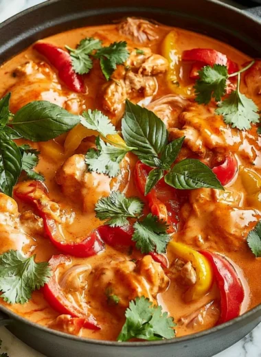 Bowl of delicious Thai Coconut Chicken garnished with fresh herbs.