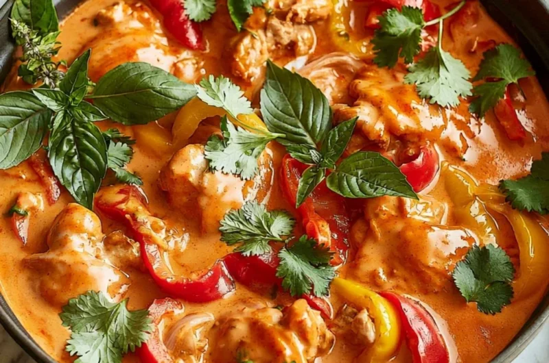 Bowl of delicious Thai Coconut Chicken garnished with fresh herbs.