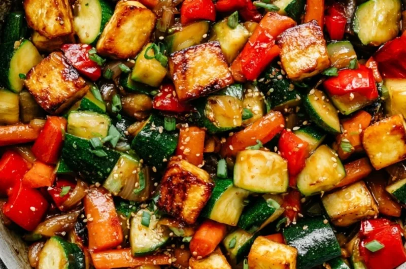 Zucchini stir fry with tofu served in a colorful bowl alongside fresh vegetables.
