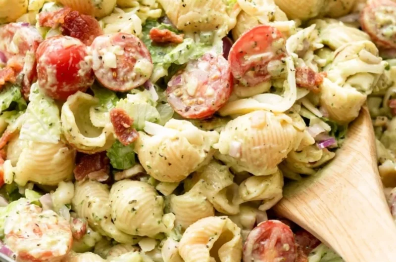 Delicious BLT Pasta Salad with bacon, lettuce, and tomatoes in a bowl