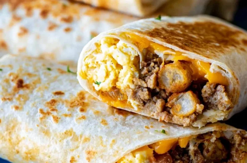A tray of make-ahead breakfast burritos ready to serve a crowd.