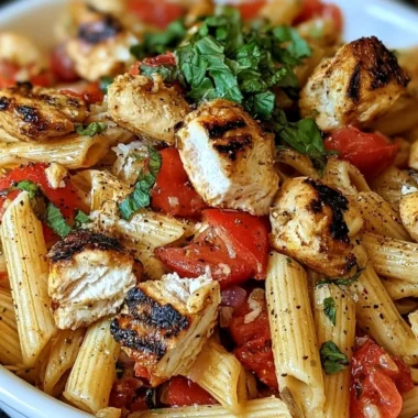 Delicious Bruschetta Chicken Pasta served with fresh basil and tomatoes