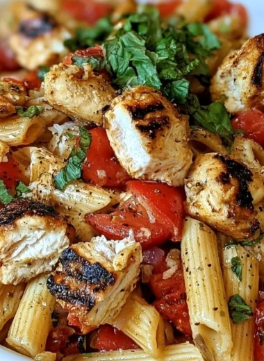 Delicious Bruschetta Chicken Pasta served with fresh basil and tomatoes