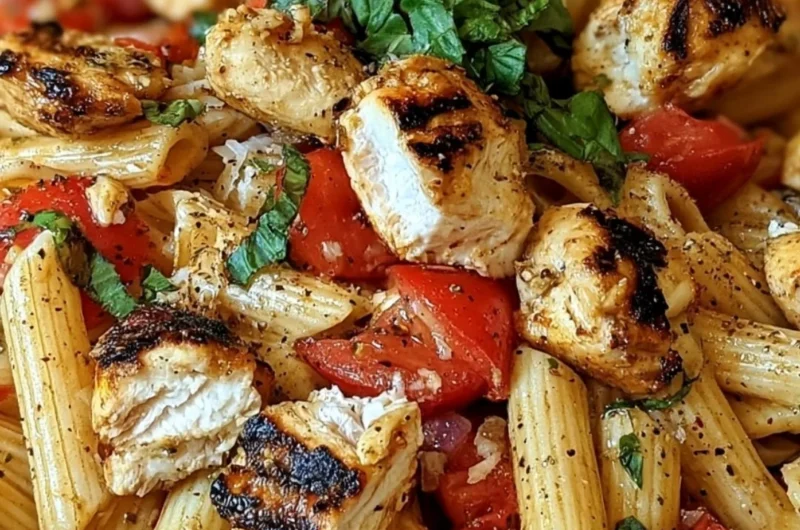 Delicious Bruschetta Chicken Pasta served with fresh basil and tomatoes