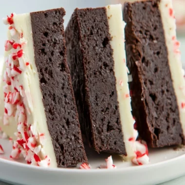 Cozy peppermint bark brownies topped with crushed candy canes and chocolate drizzle.