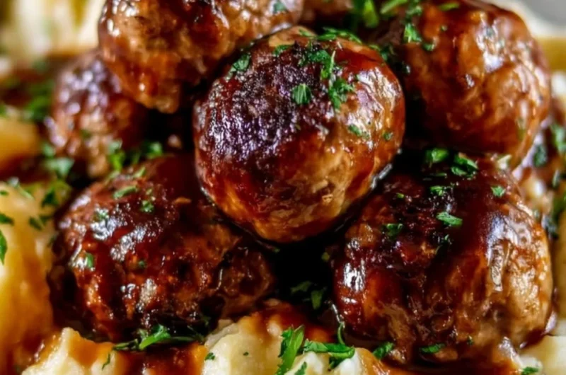 Cozy Salisbury steak meatballs with garlic herb mashed potatoes served on a plate.