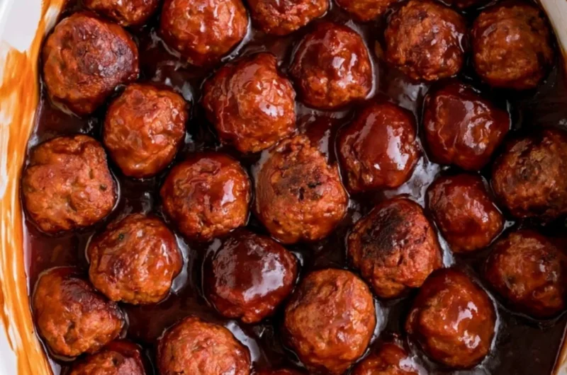 Cozy three-ingredient grape jelly meatballs served on a platter