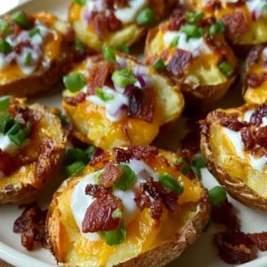 Delicious loaded mini potato bites topped with cheese and herbs