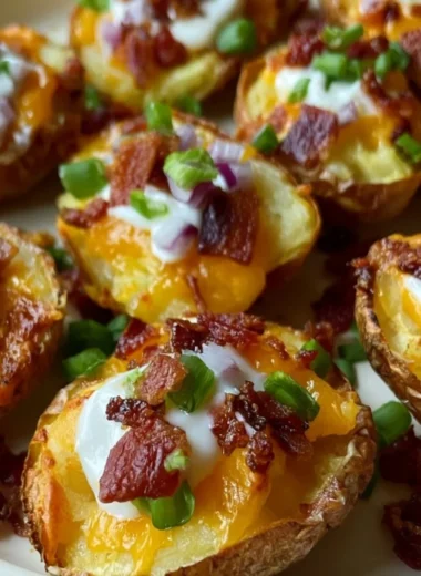 Delicious loaded mini potato bites topped with cheese and herbs