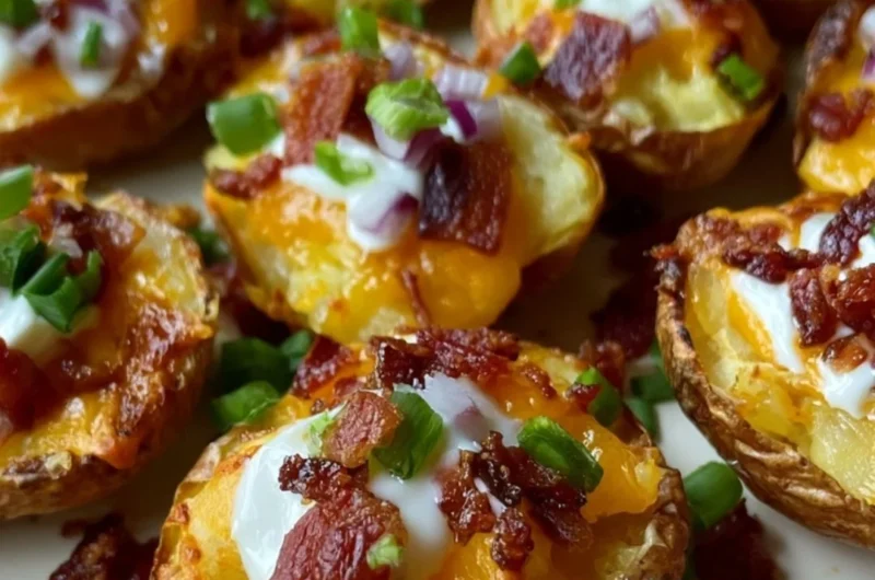Delicious loaded mini potato bites topped with cheese and herbs